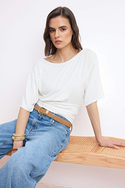 Trendyol Collection Ecru Plain Regular/Normal Fit Asymmetric Collar Premium S...