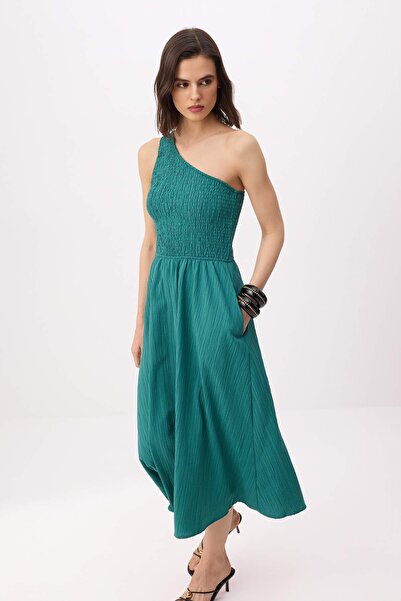 Trendyol Collection Petrol Straight Skirt with Gipeli Opening at the Waist Mi...