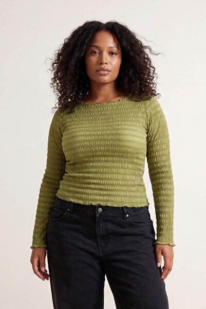 Trendyol Curve Khaki Fitted/Slim Fit Textured Tulle Stretch Knitted Plus Size...