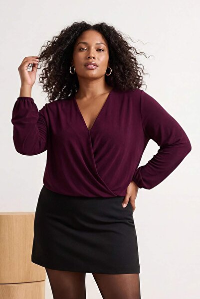 Trendyol Curve Lila léggömb ujjú, kétsoros nyakú, kötött blúz TBBAW23AF00029