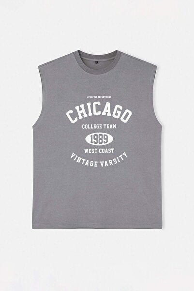 Trendyol Collection Gray Oversized /Wide Cut City Printed 100% Cotton Sleevel...