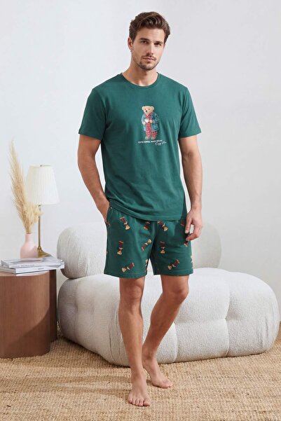 Trendyol Collection Grünes T-Shirt mit regulärem Teddybär-Print – Shorts-Pyja...
