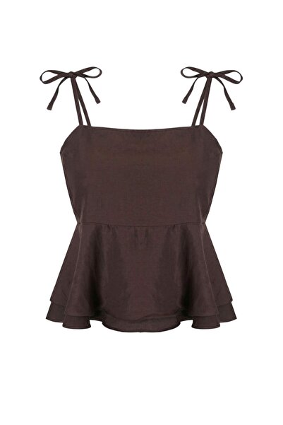 Trendyol Collection Brown Straps Binding Detail Ruffled Woven Blouse Twoss26B...