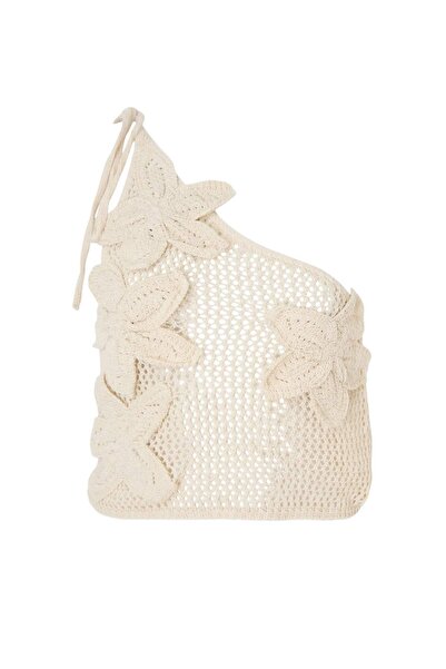 Trendyol Collection Ecru gestrickte Strand-Crop-Bluse mit Blumenapplikation T...