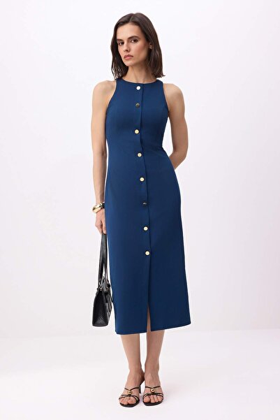 Trendyol Collection Petrol Blue Tie-Dye Detailed Midi Woven Dress Twoss26El00081