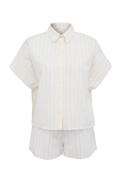 Trendyol Collection Ecru Striped Woven Oversized Beach Shirt Shorts Set Tbess...