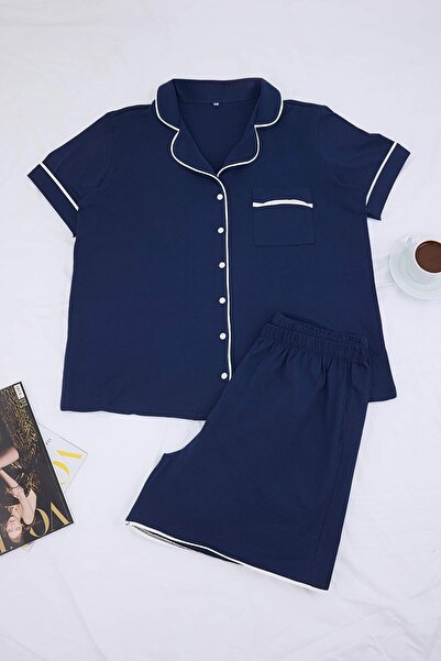 Trendyol Curve Navy Blue Contrast Ribbed Knitted Shirt Collar Plus Size Pajam...