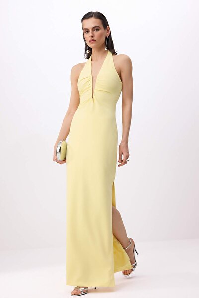 Trendyol Collection Gelbes, tief ausgeschnittenes, gewebtes Maxi-Abendkleid u...