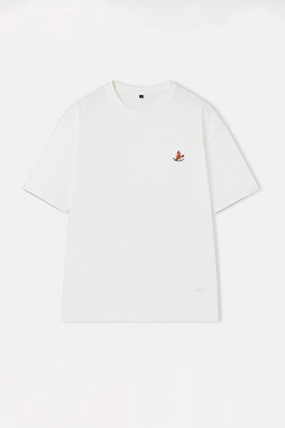 Trendyol Collection Εκρού μπλουζάκι με κέντημα αστακού, oversized/φαρδιά γραμ...