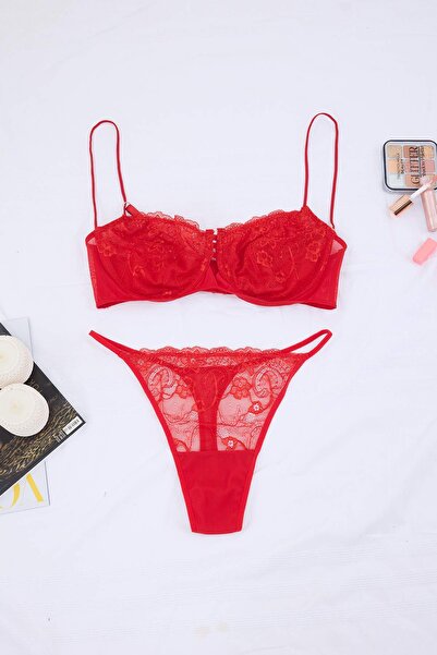 Trendyol Curve Set de lenjerie intimă roșu, dantelă piese, cu detaliu vipușcă...