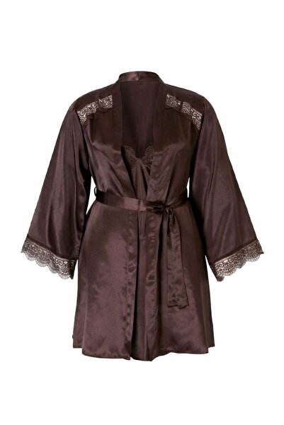Trendyol Curve Brown Satin Woven Dowry Set Large Size Nightgown Tbbss26Ch00003