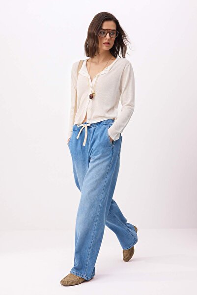 Trendyol Kollektion Blaue High-Waist-Jeans mit weitem Bein aus Tencel-Mischge...