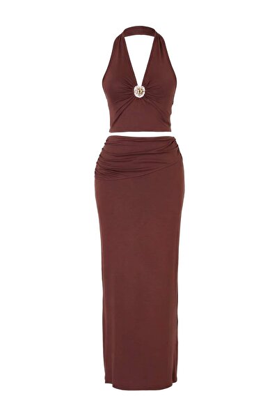 Trendyol Collection Καφέ Πλεκτό Σετ Μπλούζας και Φούστας Παραλίας με Αξεσουάρ...