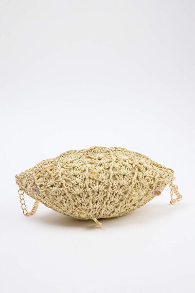 TRENDYOL SHOES Γυναικεία τσάντα ώμου σε μπεζ χρώμα, ψάθινη, μίνι μεγέθους TAK...