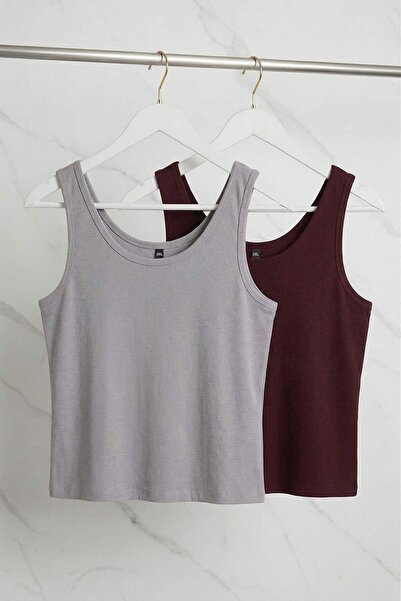 Trendyol Curve Burgundy-Grey Basic Pool Collar 2-Pack Camisole Knitted Plus S...
