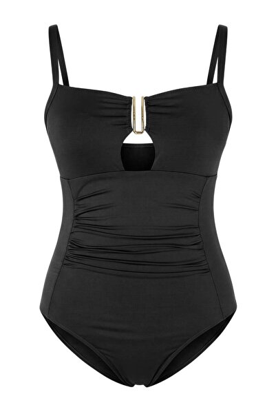Trendyol Curve Black Square Collar Accessory Draped Plus Size Swimwear Tbbss2...