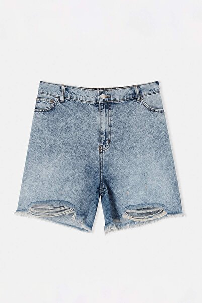 Trendyol Curve Blue Ripped Elastic High Waist Mini 100% Cotton Non-Stretch Pl...