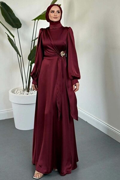 Şulemoda Giyim Yandan Buckled Satin Dress Burgundy