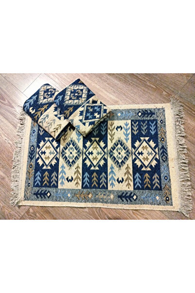 OEM Set of 3 Traditional Rugs, Size 60 x 90 cm, Blue and Cream, Pine Cone