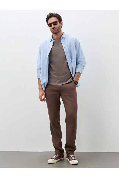 muzzo jeans Καφέ 100% λινό παντελόνι με ελαστική μέση