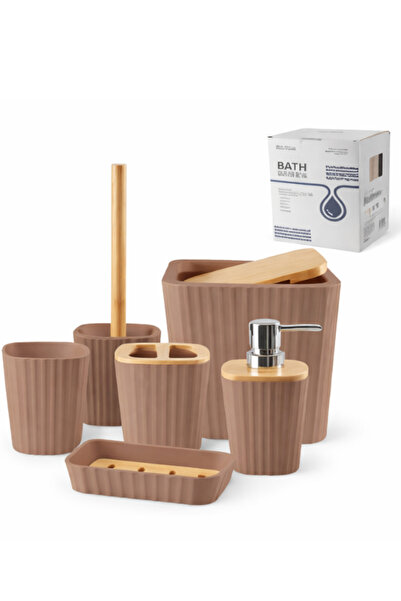 OEM - Set accesorii baie Bathlux, 6 piese, design modern cu bambus - maro nud
