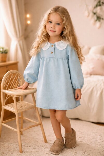 almira anne bebek Girl's Lace Collar - Buttoned - Blue Color Denim Dress
