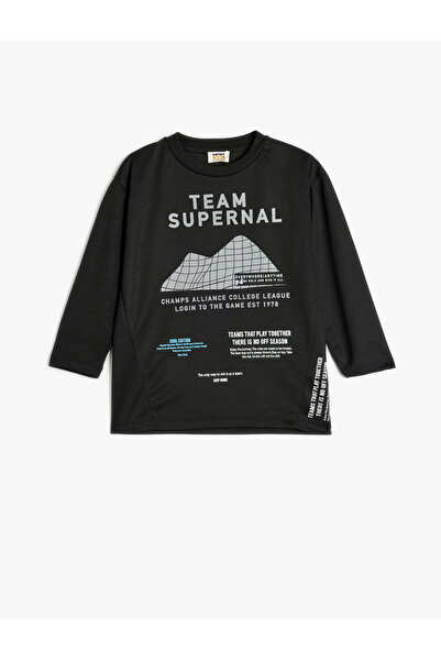 Koton Langarm-Oversize-T-Shirt – Slogan-Druck-Detail, Rundhalsausschnitt