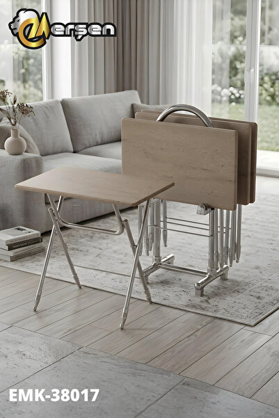 Erşen Eranş Serisi 4'lü Katlanır MDF Mebran Beyaz Çanta Zigon Sehpa Krom Ayak