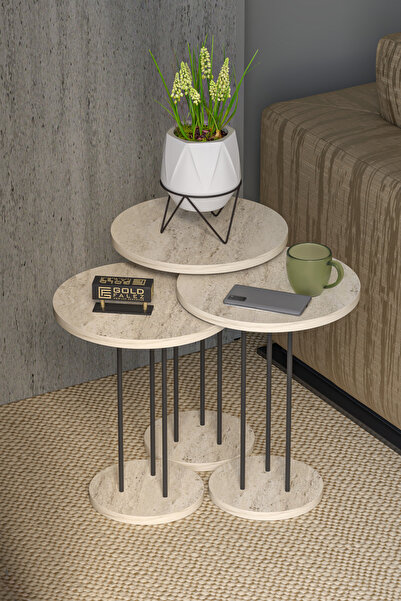 GOLDFALEZ Zigon Sehpa Terra 3 Lü Set Traverten