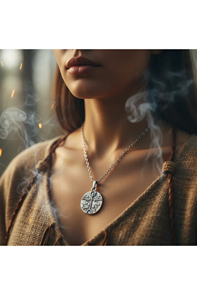 Alooya Türk Kam - Şaman Davulu Gümüş Kaplama Düz Zincir Kolye