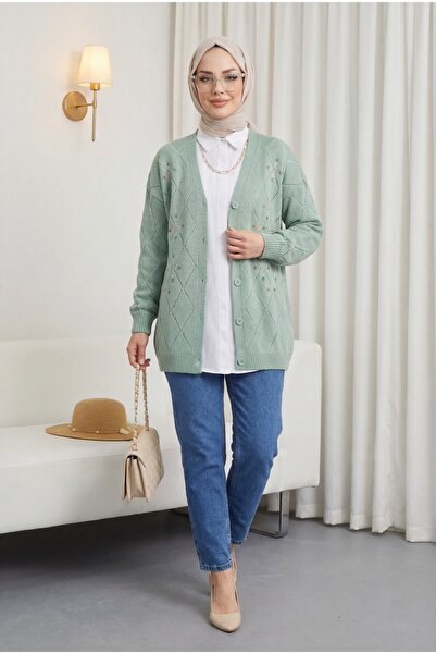 Modamorfo سترة صوفية محبوكة بأزرار مطرزة بالزهور - نعناع