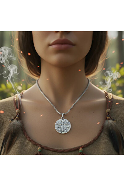 Alooya Türk Kam - Şaman Davulu Gümüş Kaplama Örme Zincir Kolye