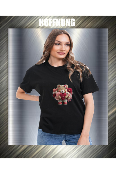 HOFFNUNG Unisex Short Sleeve Round Neck Love Bear Printed Solid Color Tshirt