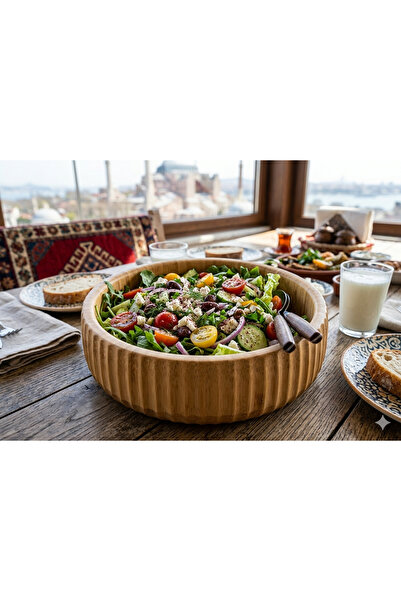 PAKETLENDİ Large Size (22 cm) Bamboo Curve Salad Bowl Stylish and Lightweight...