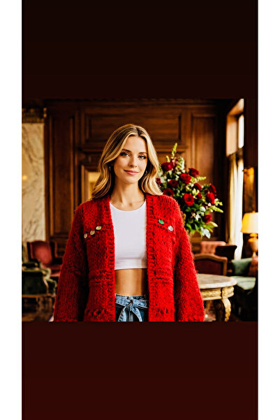 Tanem Çarşı Women's Trendy Hand-Knitted Sequined Cardigan – Oversize Loose Fit