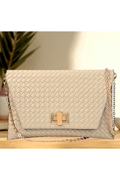 Evident Cream Color Knitted Patterned Cover Pouches with Lock Detail Women's ...