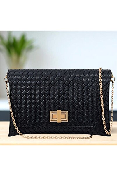 Evident محفظة نسائية وحقيبة يد سوداء محبوكة بـ منقوش أغطية وتفاصيل قفل حقيبة