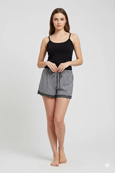 Litae شورت منزلي نسائي من القطن الممشط مخطط بتفاصيل دانتيل على الساق ملابس من...