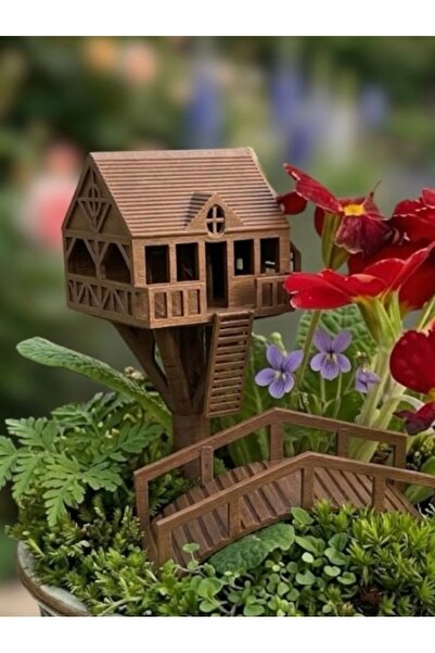 Home Mini Ağaç Ev ve Köprü Saksı Bahçe Süsü