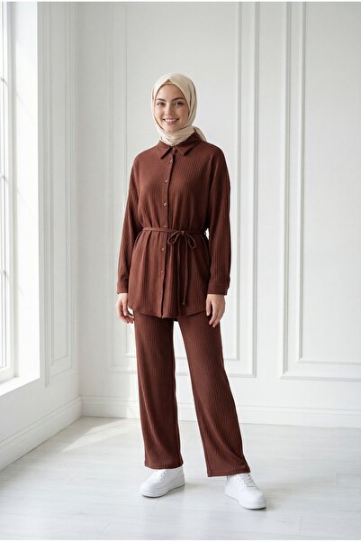 MİHRA STORE Yezra Kendinden Striped Pantolonlu Takım-Tn039 Coffee