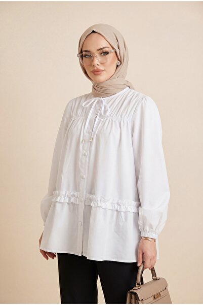 Modamorfo Robadan Elastic Skirt with Ruffles and Buttons Poplin Tunic - White