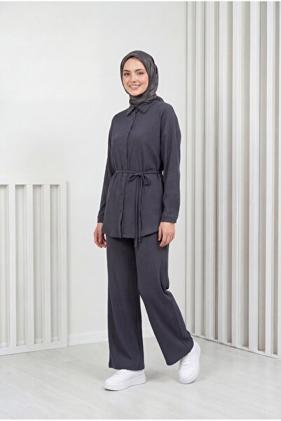 MİHRA STORE Yezra Kendinden Striped Pantolonlu Takım-Tn039 Anthracite