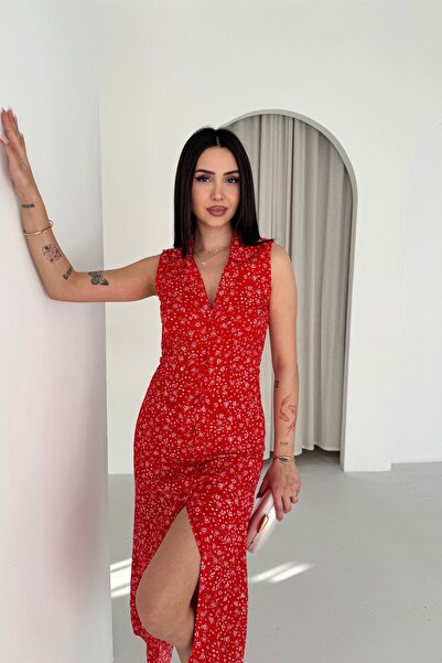 Noi Belis Κόκκινο Slim Fit Floral μοτίβο Midi μήκους Polo λαιμόκοψη λεπτό φόρ...