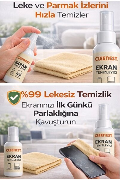 Cleenest Ekran Temizleme Seti 125ml Sıvı Ve Mikrofiber Bez 30x30 Otomobil Ekr...