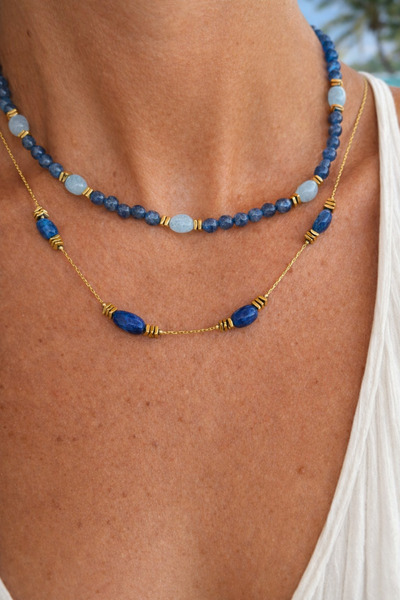 By Song Aksesuar قلادة مزدوجة من حجر اللازورد والأكوامارين الطبيعي مع سلسلة ف...