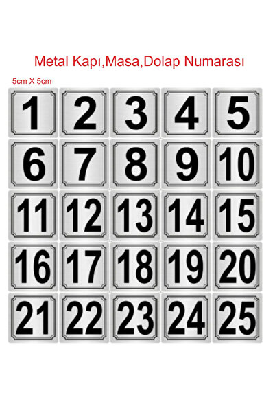 Outdoor One Metal Kapı,Masa,Dolap Numarası 5cmx5cm 25 Adet (1..25) Gümüş Renk...