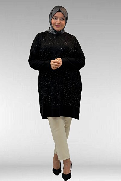 Eslina 68001 Büyük Beden Önü Taş Baskı Detaylı Penye Tunik - Siyah