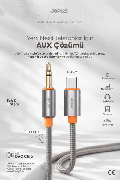 Jopus İphone Android Uyumlu - Type-C To 3.5mm Aux Kablo - Tak Çalıştır Aux Ör...