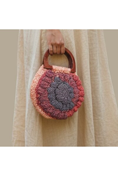 Mimoza Accessories Round Hand Knitted Mini Women's Bag – Wooden Strappy Bohem...