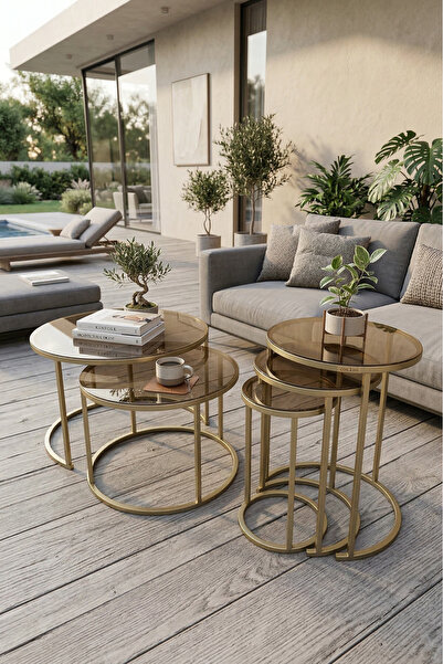 Cos.kim Milas Orta Ve Zigon Sehpa Seti (Ø60-47) Mat Gold Metal, Temperli Bron...